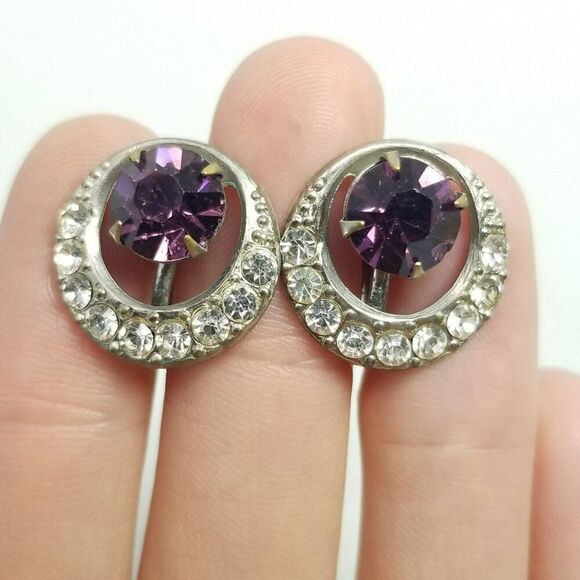 Vintage Crescent Moon / Eye Shape Clip On Earrings Purple Rhinestone Silver Tone - Picture 6 of 6